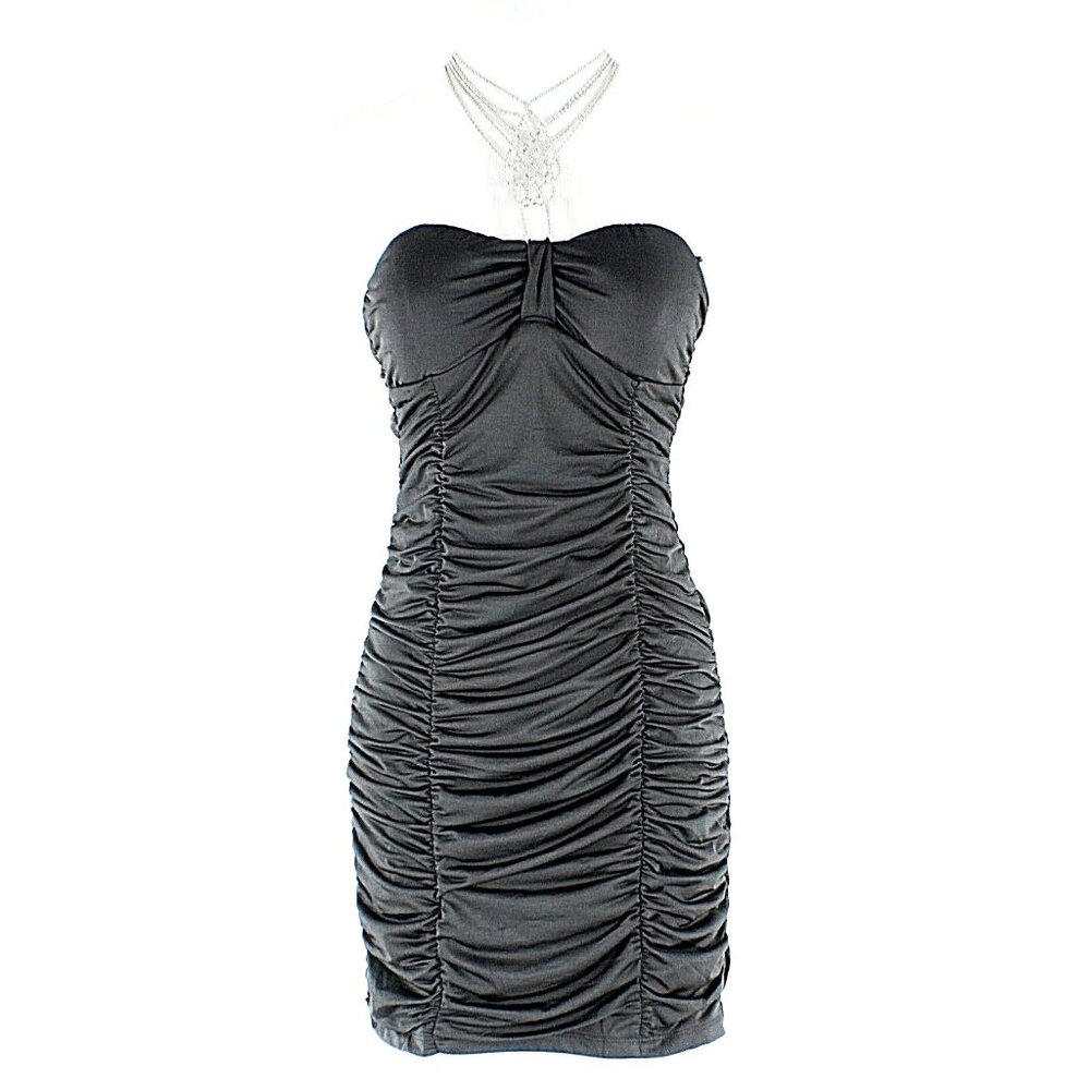 HKR $60 Sz S Black Ruched Silver Necklace Halter Poly Spandex Sexy Dress